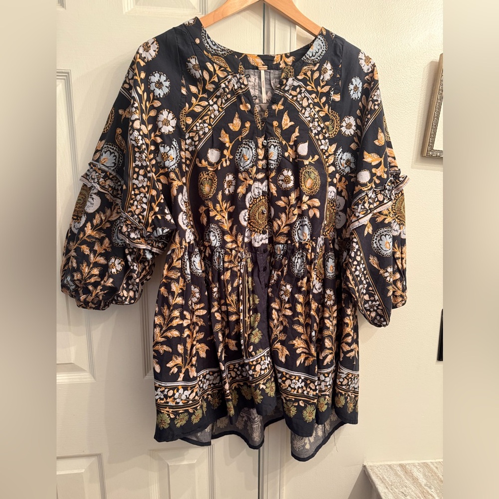 Free People Black and Gold Floral Blouse